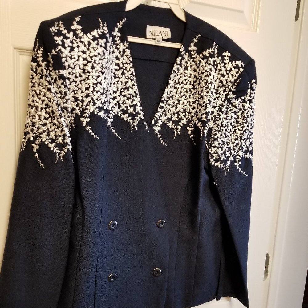 Navy/white Embroidered Skirt Suit